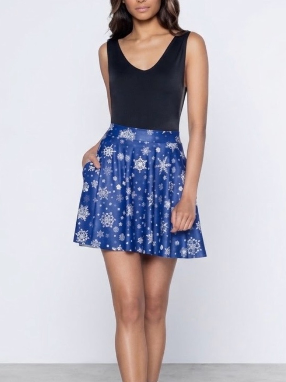 Blackmilk Navy Blue Snowflake Snowfall Skater Pocket Skirt